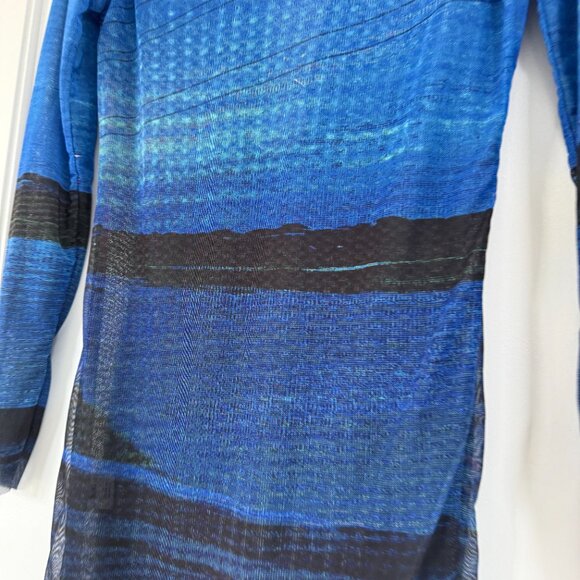 Louisa Ballou Mini Dress Semi-Sheer Blue Mesh Printed Deep V-Neck Ring Accent - Picture 9 of 9